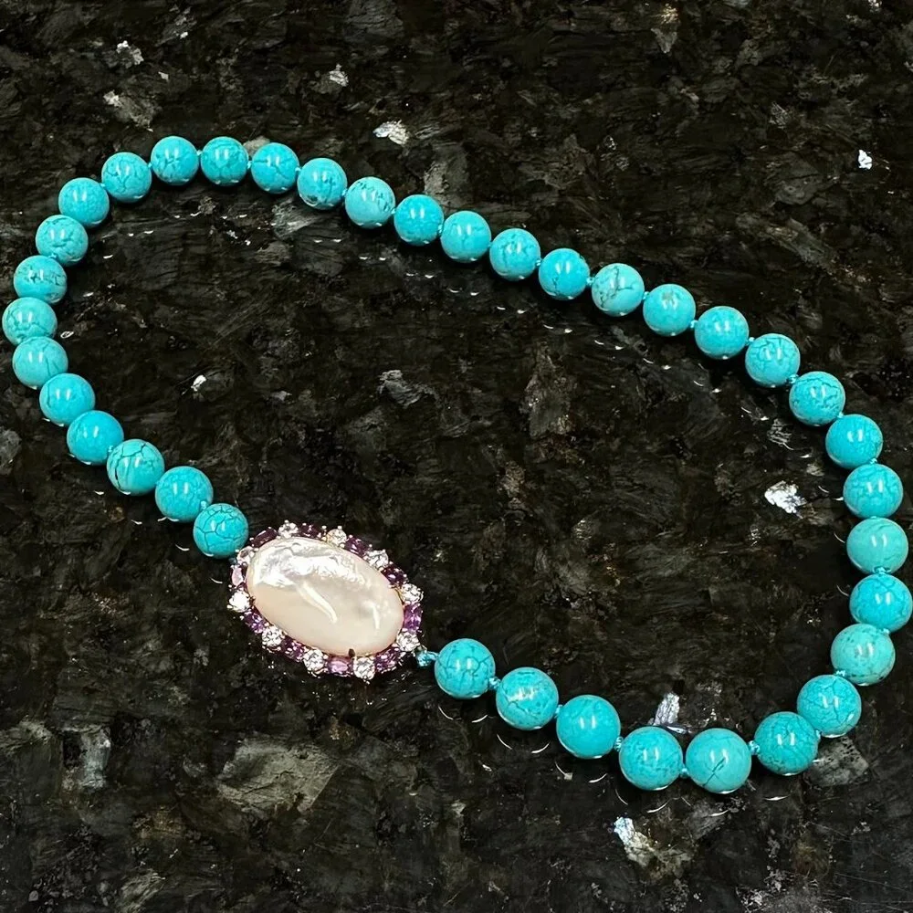 925 Sterling Silver Pearl Multi-Gemstone Blue Magnesite Beaded Necklace 18”L - Picture 1 of 5